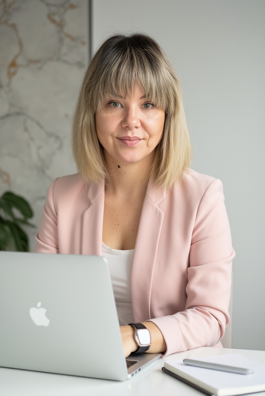Brygida Połoszczańska przy biurku z laptopem